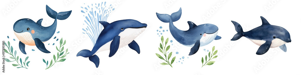Obraz premium Smiling baby whales swimming with water splashes and sea plants, isolated on transparent background.