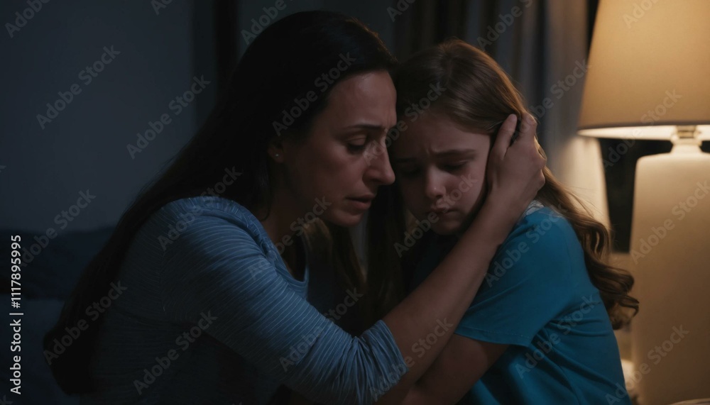 A mother is comforting her daughter at night. A mother is comforting her daughter at night.