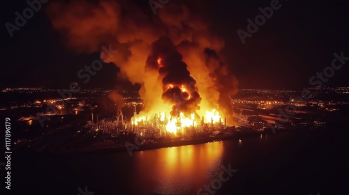 Large fire erupts at oil refinery during nighttime hours with intense flames and smoke