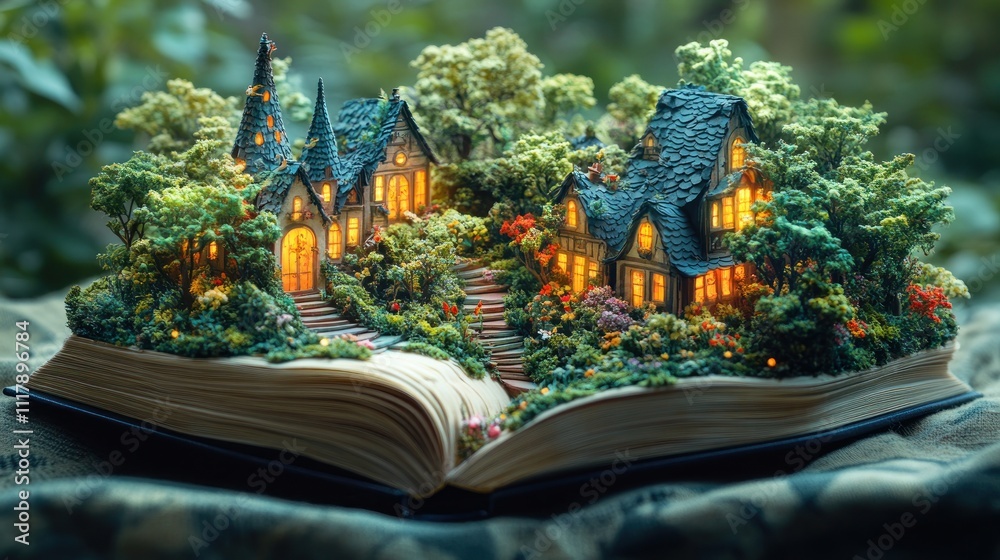Fototapeta premium magical book opens to reveal illuminated houses amidst lush greenery