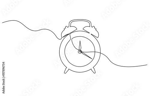 Continuous one line drawing of vintage alarm clock vector design, Clock drawn symbol. One line art continuous icon, Clock with arrow Continuous one line drawing. One thin line continuous drawing.