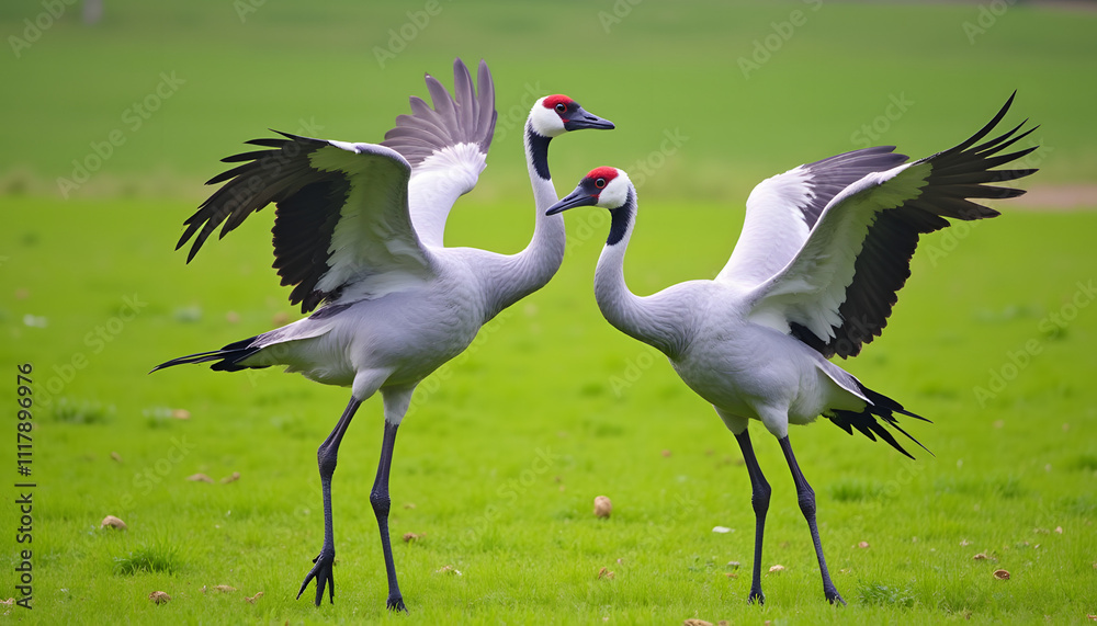 Fototapeta premium Close-up of two cranes interacting with each other, slightly spreading their wings while standing on a green grassy plain