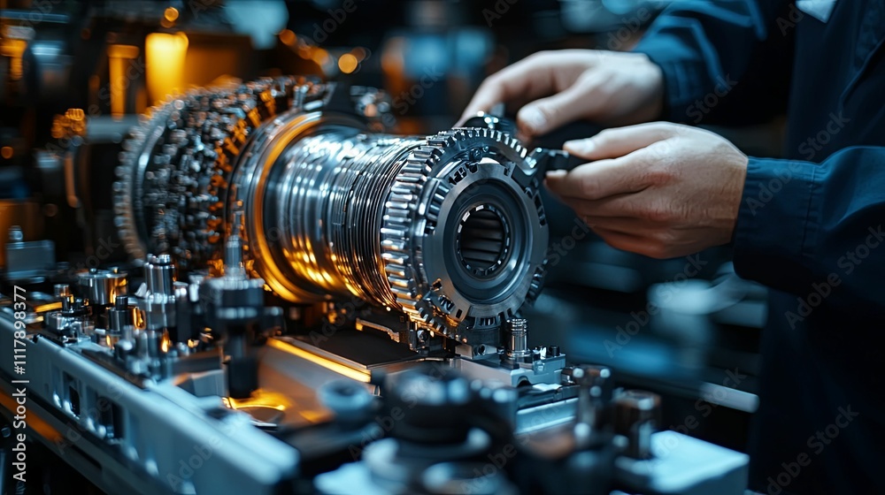 Technician Inspecting Complex Machine Gears Precision Engineering