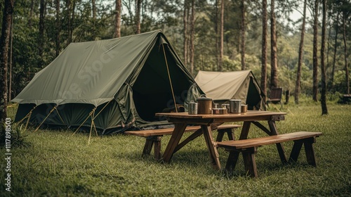 A serene camping scene with tents and a picnic table in a forested area.