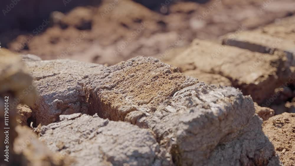 Closeup of dry peat chunks in open field under natural sunlight as worker places and stacks blocks in slow motion