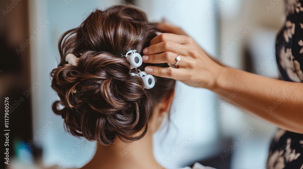 Fototapeta premium A woman getting her hair styled in a salon.
