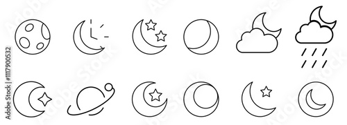 Moon icon outline collection or set in black and white. vector. editable