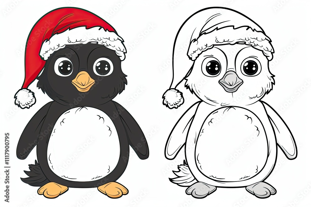 Fototapeta premium Black-and-white Christmas coloring page and its vibrant colored version for kids