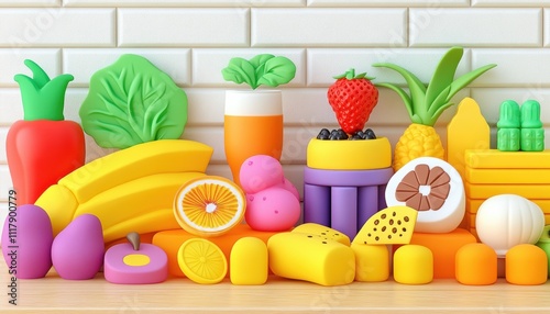 Colorful plastic fruits and vegetables for kids playroom educational toys indoor fun vibrant concept