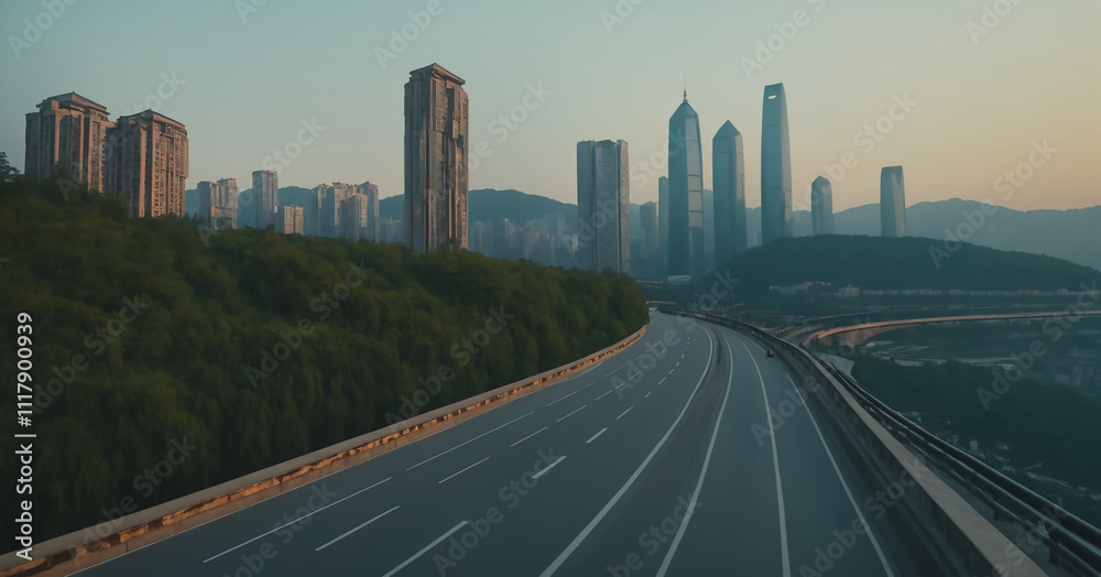 Damaged buildings along a road with a wave-like structure, set against green mountains in the background. Ideal for post-apocalyptic, urban decay, or disaster-themed projects.