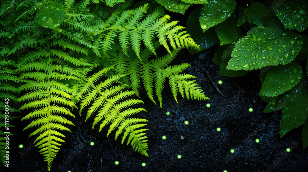 Fototapeta premium Vibrant green ferns with droplets on leaves in lush, dark soil backdrop.