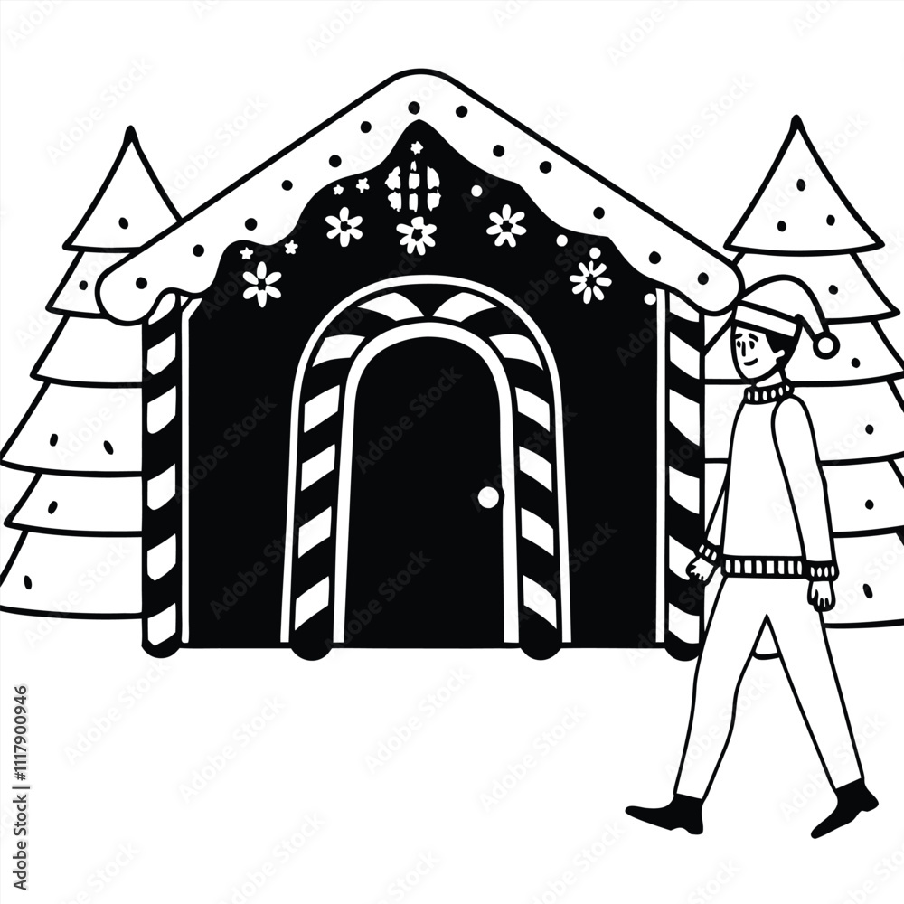 A Men is walking beside a museum, vector silhouette, White background