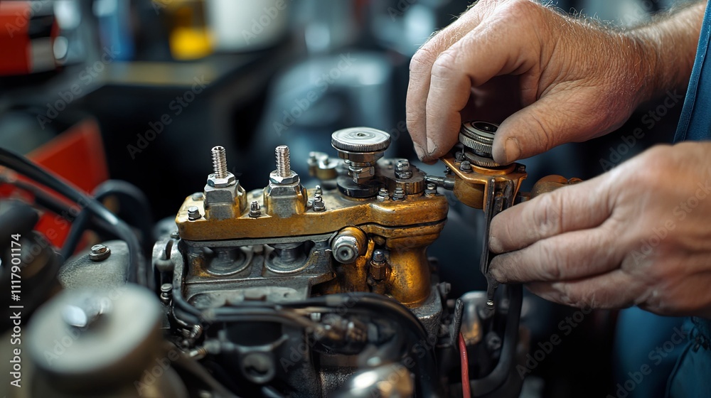 Mechanic repairing an antique engine component Mechanic repairing an antique engine component