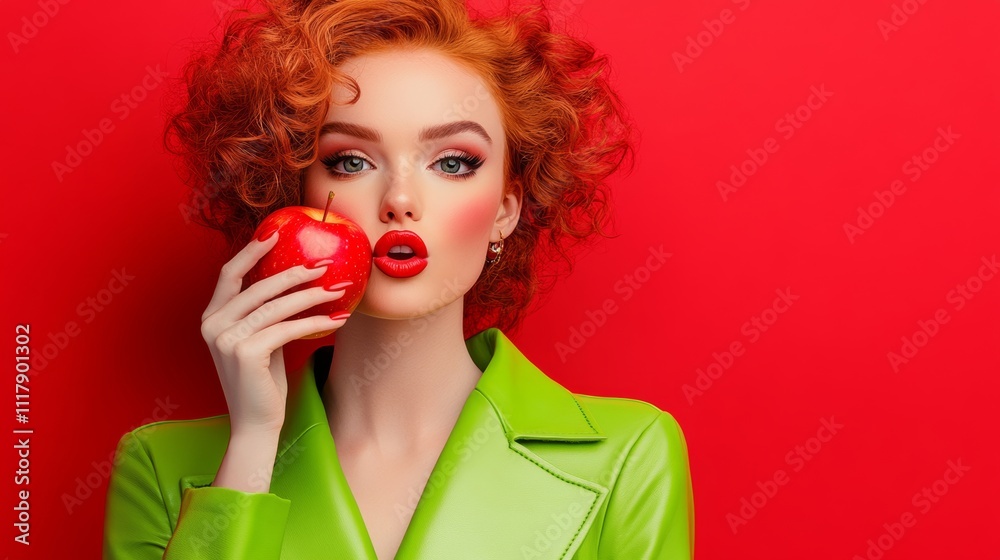 Woman with red hair is holding an apple in her hand. The image has a playful and lighthearted mood, as the woman is posing with the apple in a way that suggests she is having fun Woman with red hair is holding an apple in her hand. The image has a playful and lighthearted mood, as the woman is posing with the apple in a way that suggests she is having fun