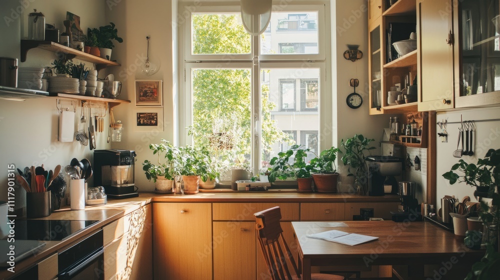 Sun-drenched kitchen with sleek wooden furniture, a compact work desk by the window, and potted plants for a fresh vibe
