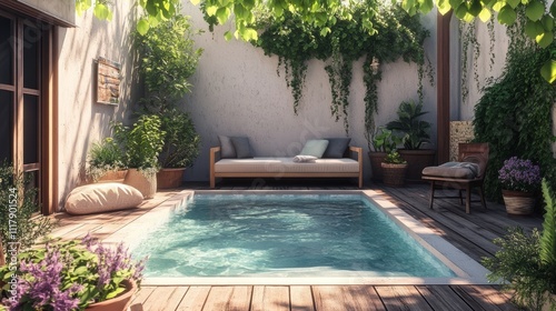 Sunlit city backyard with a compact plunge pool, smooth wooden deck, potted plants, and cozy seating for relaxation