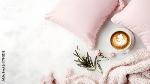 Pink pillows and coffee with space for text, flat lay view photo