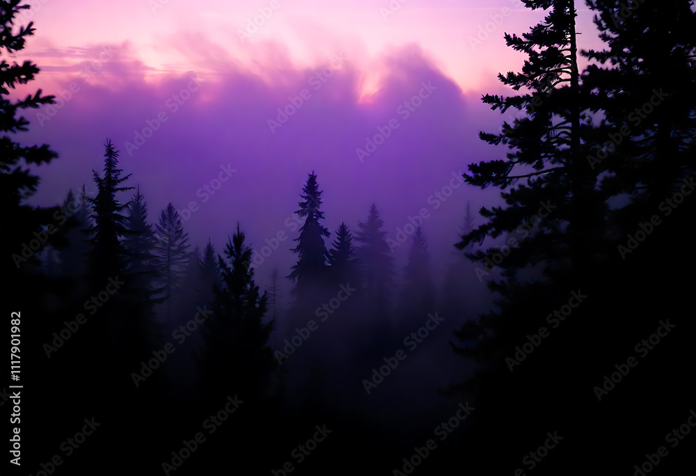 Fototapeta premium Misty landscape with fir forest in hipster vintage retro style