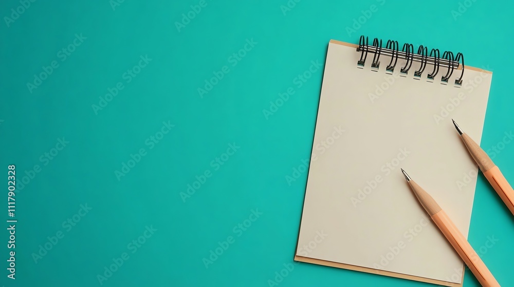 A notepad with a pen and pencils on a teal background. A notepad with a pen and pencils on a teal background.