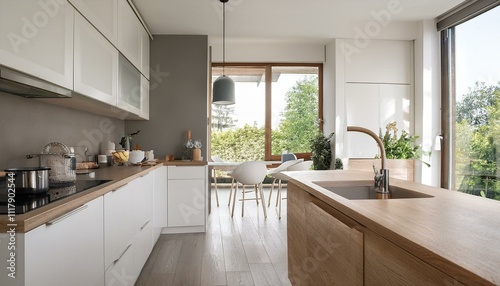 Inviting white and neutral kitchen featuring spacious countertops and contemporary fixtures for a stylish cooking space