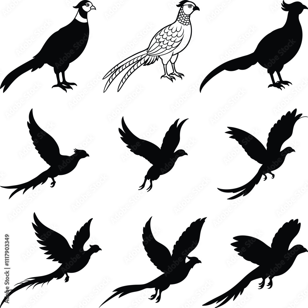 Obraz premium Pheasant silhouette Vector Silhouette, Flying pheasant silhouette, Pheasant SVG, Pheasant silhouette clip art.
