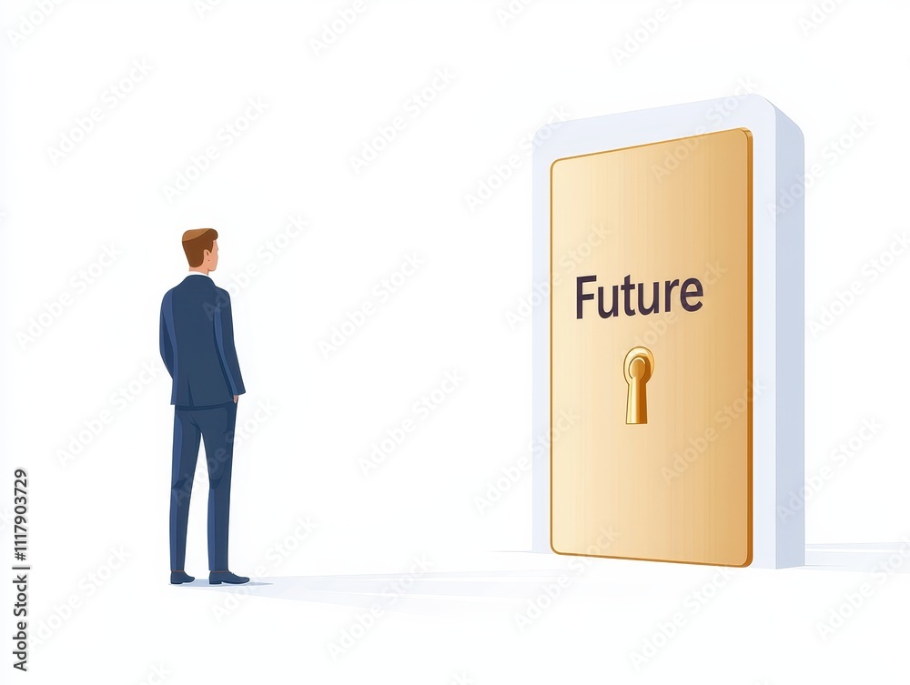 A businessman stands before a golden door marked A businessman stands before a golden door marked
