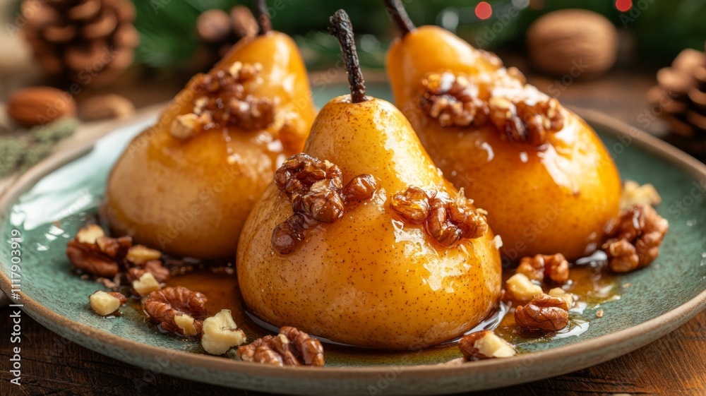 Three Poached Pears Drizzled with Honey and Topped with Walnuts