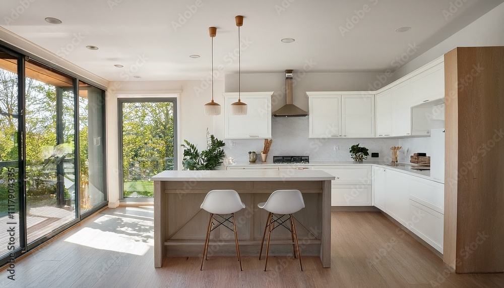 Modern kitchen design with white cabinetry and neutral accents for a clean and minimalist look Modern kitchen design with white cabinetry and neutral accents for a clean and minimalist look