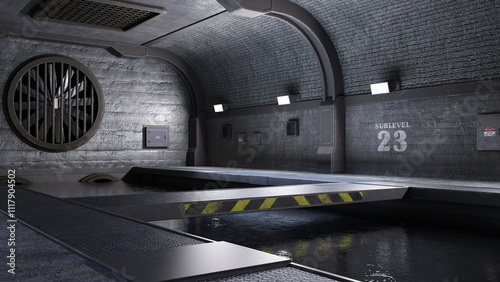 Wasserbecke, Lüftungsanlage und Rohre in einer unterirdischen Kanalisation