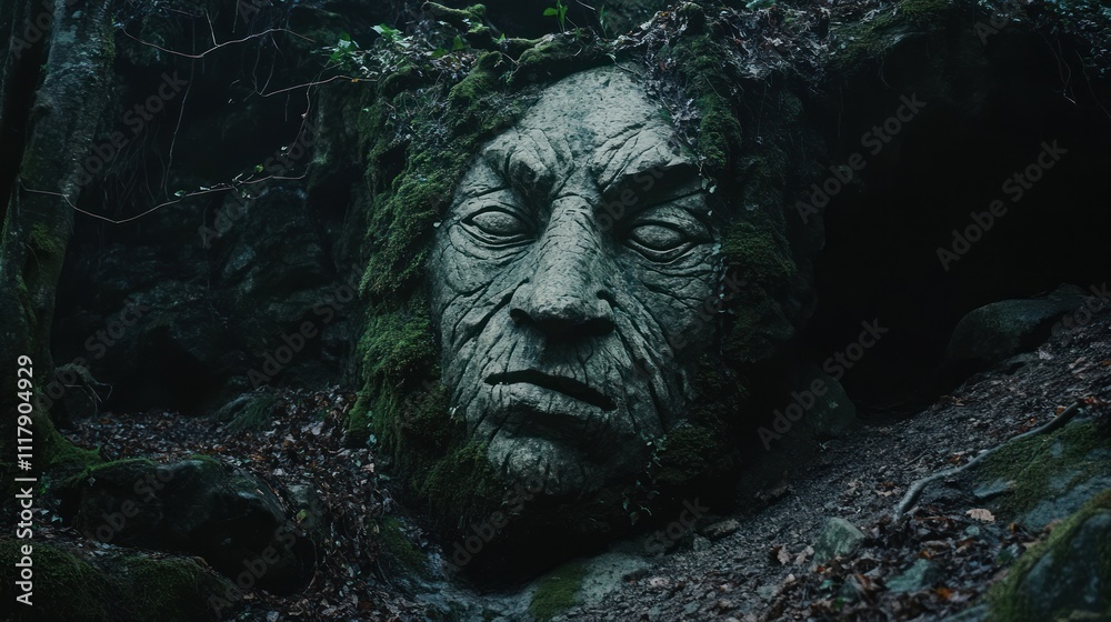 Ancient stone face embedded in a forest landscape 