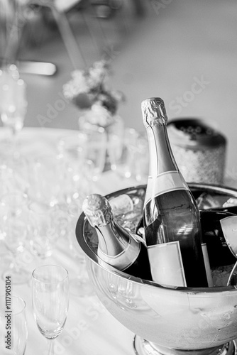Elegant Black and White Photograph of Champagne Bottles in Ice Bucket with Flutes on Table at Celebration Event
