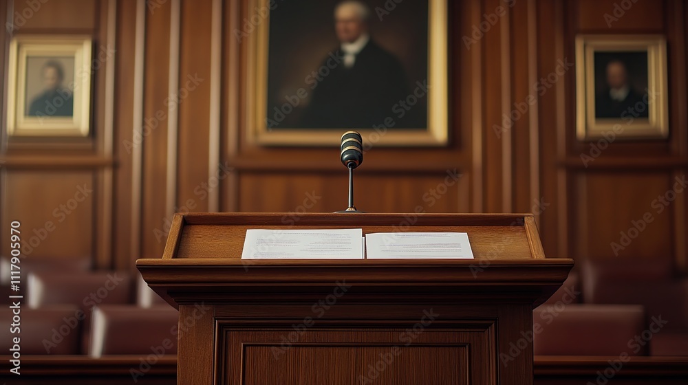 Podium with documents in a courtroom. Podium with documents in a courtroom.