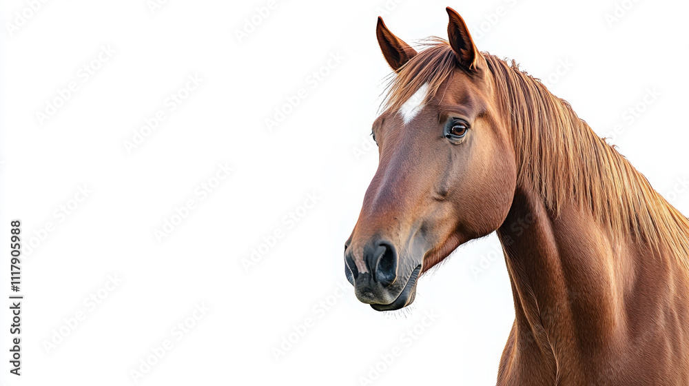 Fototapeta premium Majestic brown horse with a white star marking on its forehead, standing against a plain white background, showcasing its powerful and graceful form.