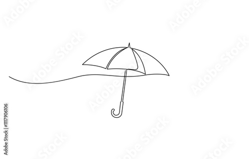 Umbrella depicted in continuous line drawing, continuous line drawing of an umbrella on a white background. Minimalistic vector flat icon, continuous line drawing of an umbrella on a white background.