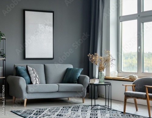 Stylish panoramic gray living room with a focus on artful posters and modern decor elements