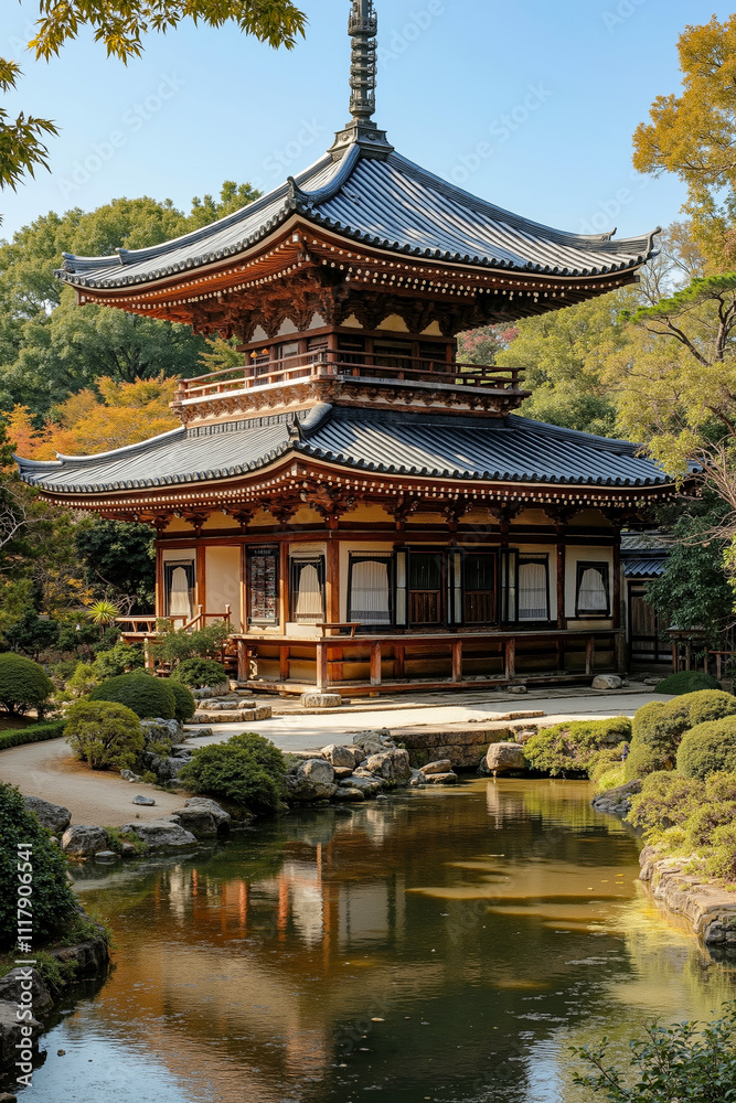 A pagoda in the middle of a pond surrounded by trees