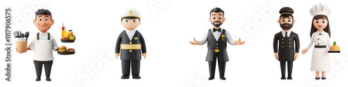 Hospitality characters for hotels and restaurants, showcasing diverse roles, isolated on transparent background.