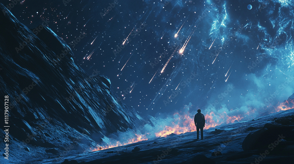 Fototapeta premium Cosmic wonder where a lone figure observes shooting stars in a dark, mystical landscape