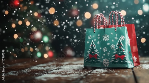 Christmas Gift Bags on Wooden Table with Snowy Background