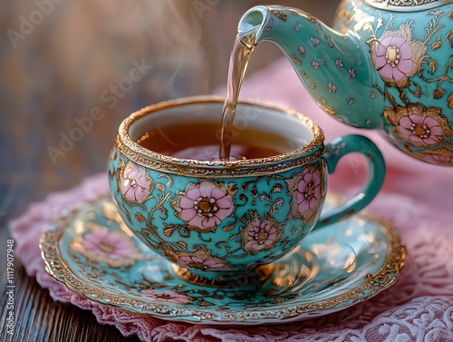 A teapot pours tea into an ornate floral cup, creating a serene tea-drinking moment.