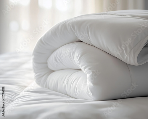 A serene freshly laundered duvet, folded neatly on a bed. The soft, white fabric