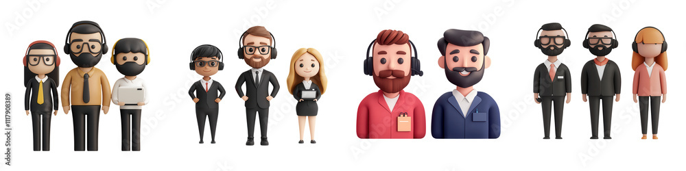 Fototapeta premium Customer service characters in various professional outfits, showcasing teamwork and support, isolated on transparent background.