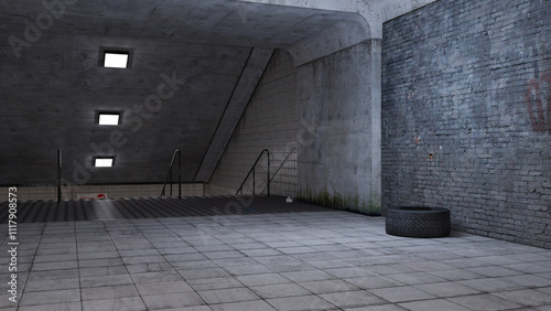 Fényképezés Alter Tunnelzugang mit Treppe und zurück gelassenem Gummireifen
