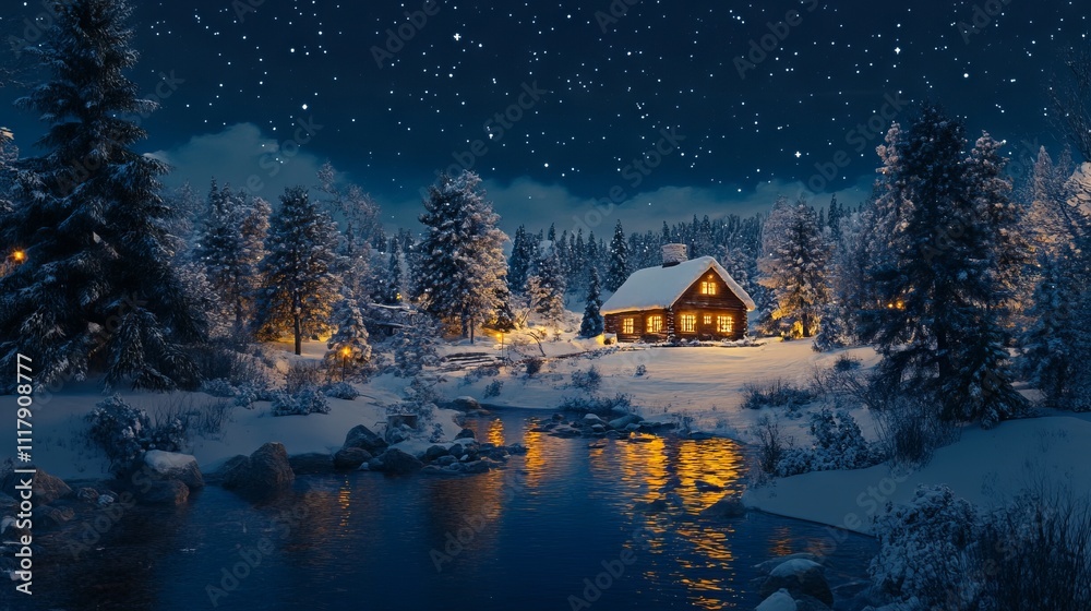 Fototapeta premium Enchanted Snowy Landscape with Lit Cabin at Night. AI generated illustration