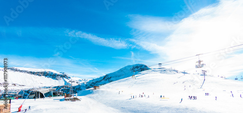 People on ski lift in winter sport resort - Travel and vacation concept - Main focus on left cabin cable car