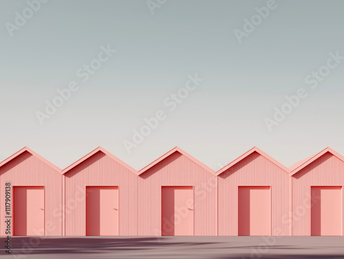 Row of Minimalist Pink Houses Against a Soft Sky, Modern Architectural Design 