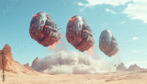 Fototapeta Naklejka Na Ścianę i Meble -  Futuristic spaceships hovering above desert landscape sci-fi art aerial view surreal conceptual imagery