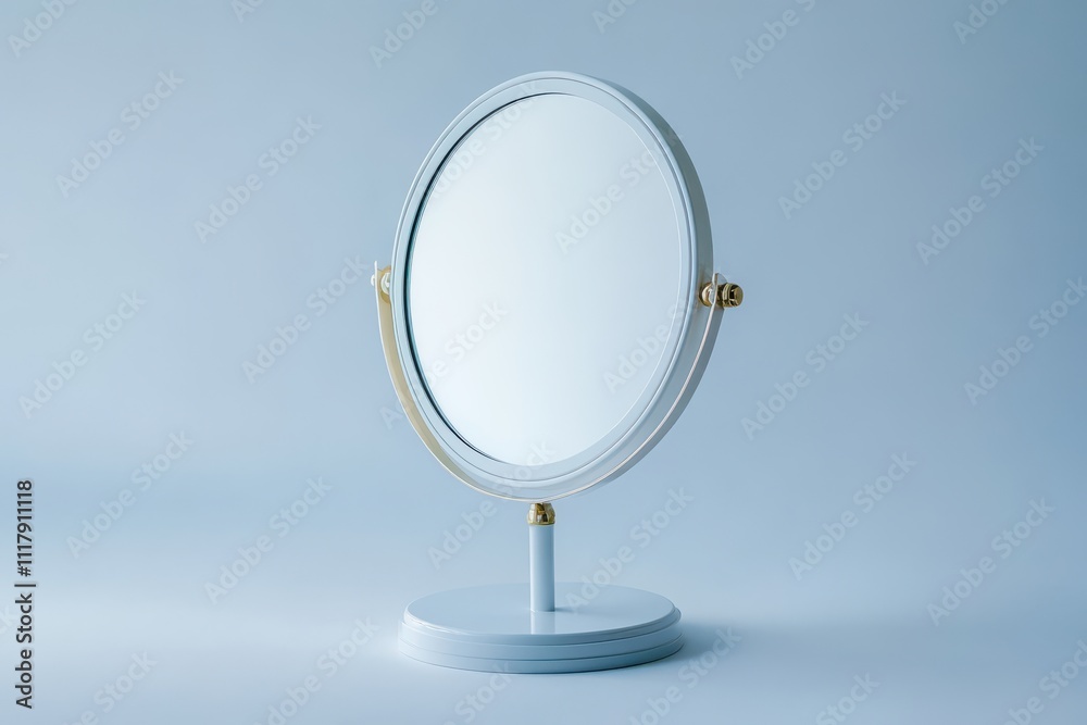 Round vanity mirror with adjustable frame and gold accents isolated on light blue background, ideal for home decor or beauty themes Round vanity mirror with adjustable frame and gold accents isolated on light blue background, ideal for home decor or beauty themes