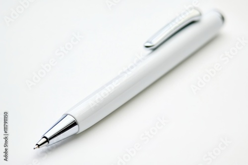 White ballpoint pen with chrome accents isolated on white background, perfect for office and branding themes photo