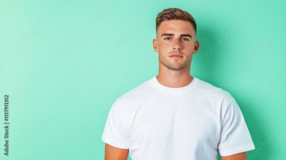 Confident Young Man Casually Posing on Pastel Green Studio Background Confident Young Man Casually Posing on Pastel Green Studio Background
